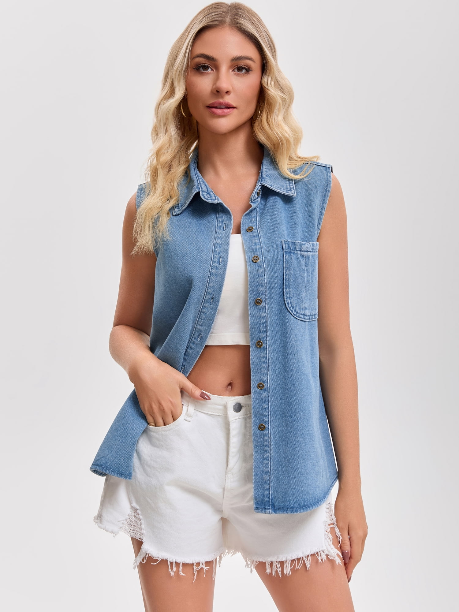 DARING DIVA Women's Denim Tank Sleeveless Button Down Collared Jean Shirt L Sky Blue