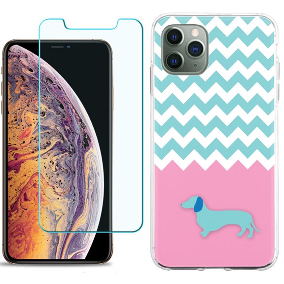 For Apple iPhone 11 Pro Case , Slim-Fit TPU Protective Phone Case with Tempered Glass Screen Protector, by OneToughShield ® - Chevron/Dachshund/Puppy