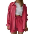 thumbnail image 2 of Roncen Women's Summer Two-Piece Set - Long Sleeve Shirt with Turn-Down Collar & High-Waisted Drawstring Shorts Casual Outfit, 2 of 7