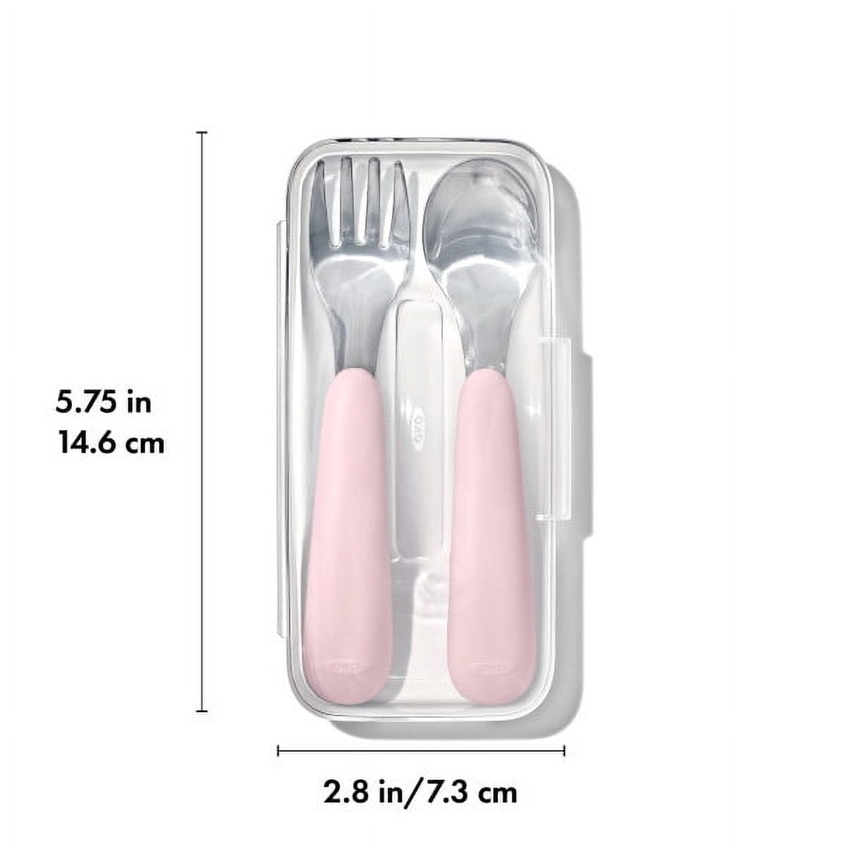 OXO Tot Toddler Travel Stainless Steel Fork and Spoon 2 Piece Set for 12+ Months, Blossom