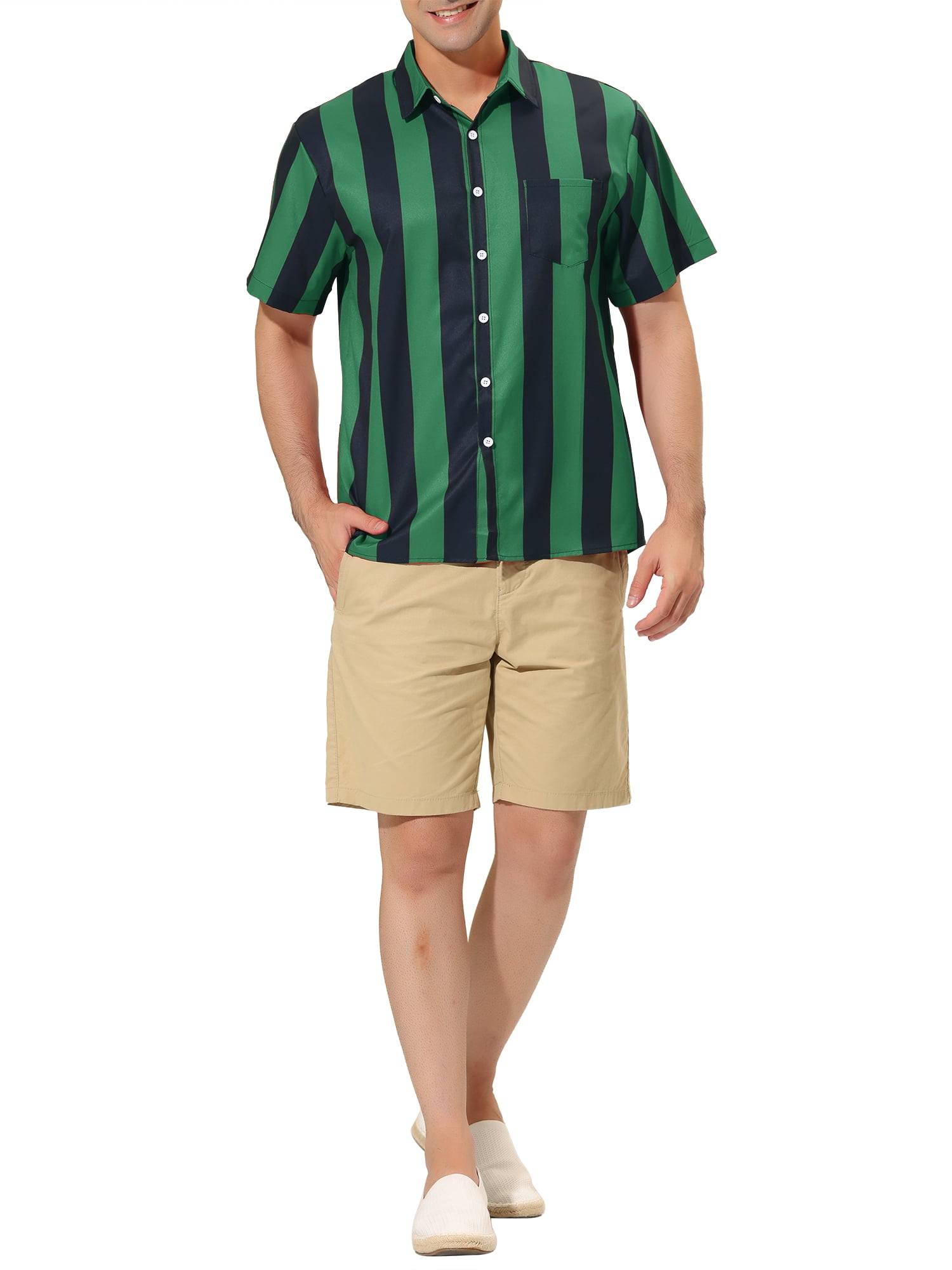 Unique Bargains Men's Striped Short Sleeves Button Down Print Shirt S Dark Green