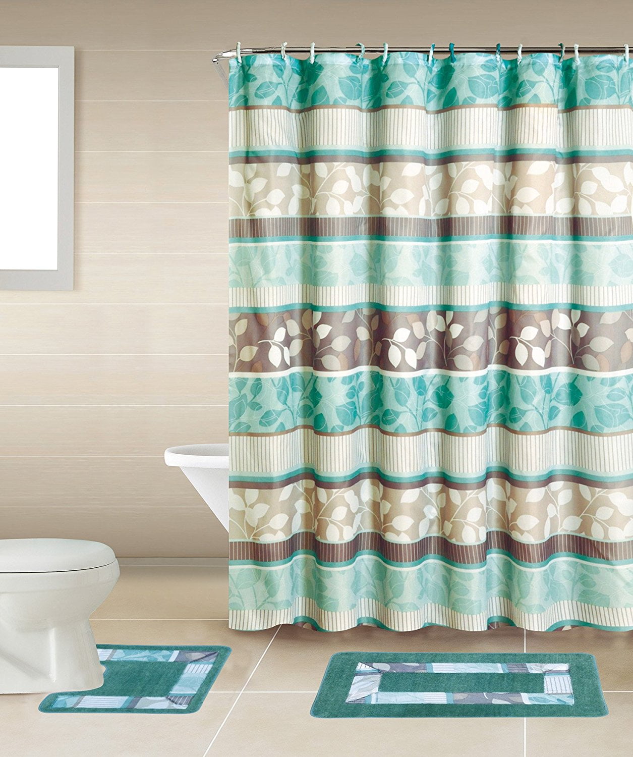 Green Rose Shower Curtain 12 Hooks Bath Mat Toilet Cover Rug Bathroom Carpet Set 