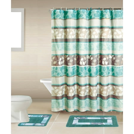 15pc MINT ZEN Bathroom Set Printed Banded Rubber Backing Rug Bath Mats With Fabric Shower Curtain & Hooks New