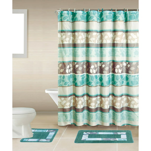 Brown 15 Piece Bathroom Accessory Set, Turquoise Blue Shower Curtains