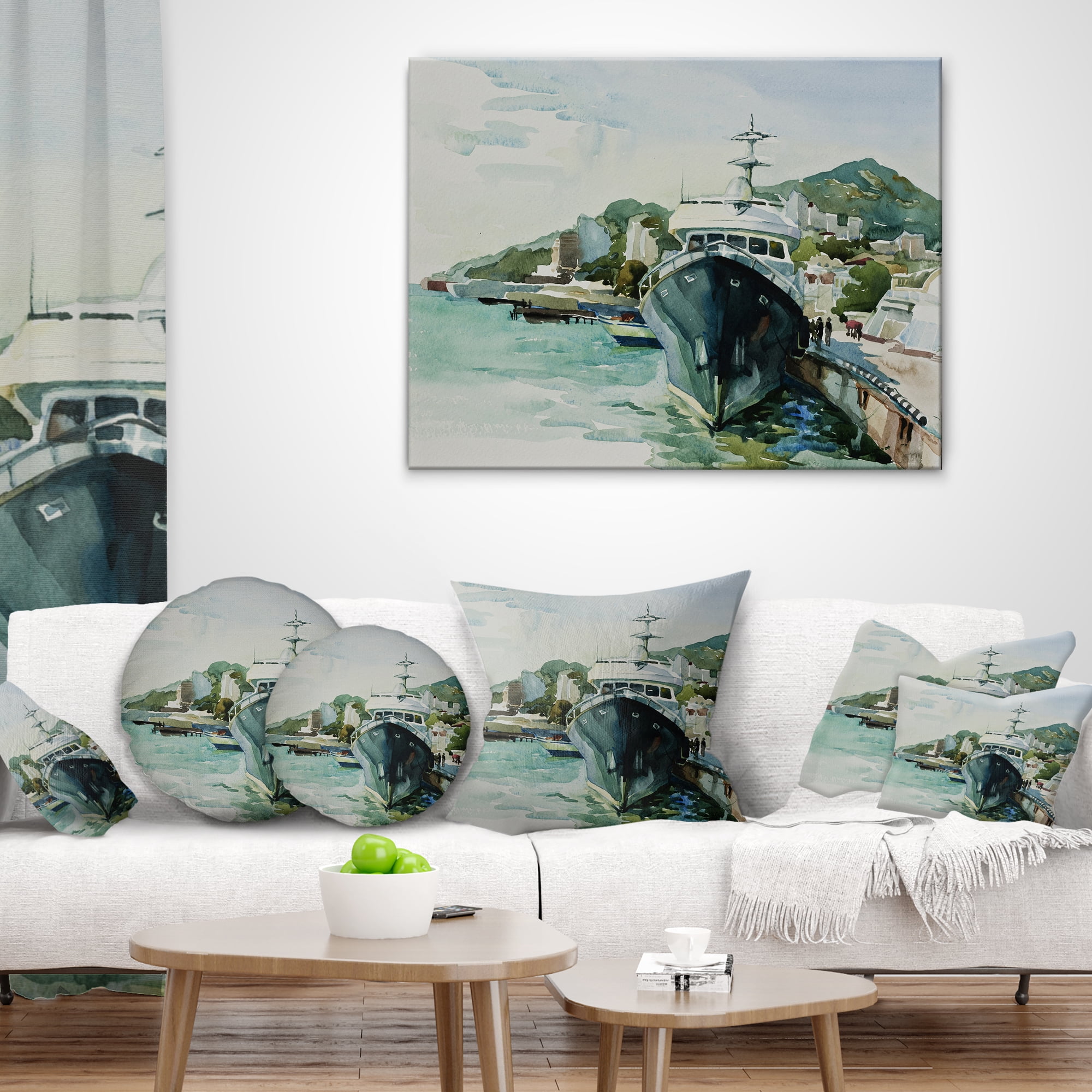 Designart Yacht in Port Yalta - Landscape Printed Throw Pillow - 18x18