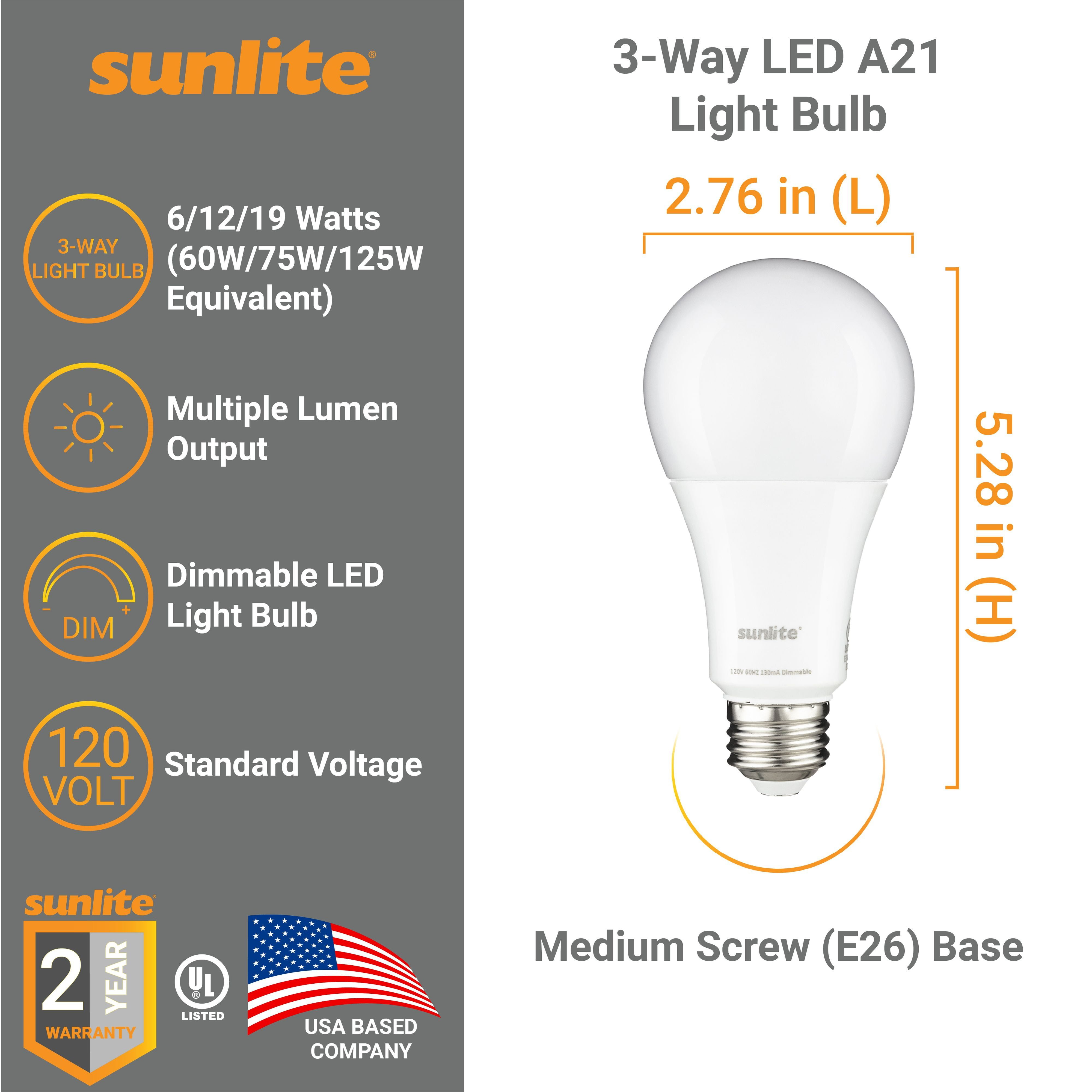 Sunlite 3-Way LED A21 Light Bulb, 6/12/19 Watts (60W 75W 125W Equivalent), Medium E26 Base, Dimmable,UL Listed, 3000K Warm White, 3-Pack