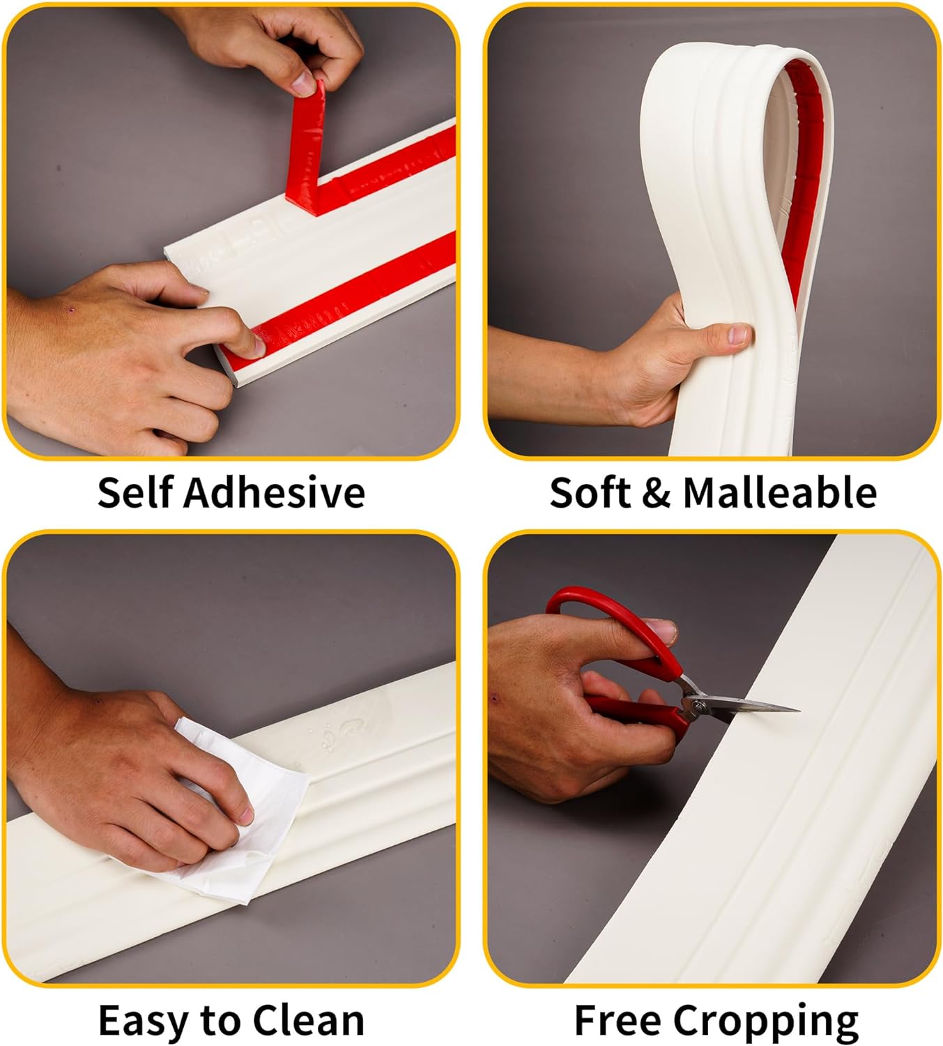 Ymokee Flexible Baseboard Moulding Trim, 16.4 ft(L) x 4 in(W) Peel and Stick Waterproof Crown Molding Ceiling Border Wall Trim for Home Office Decoration, Creamy White