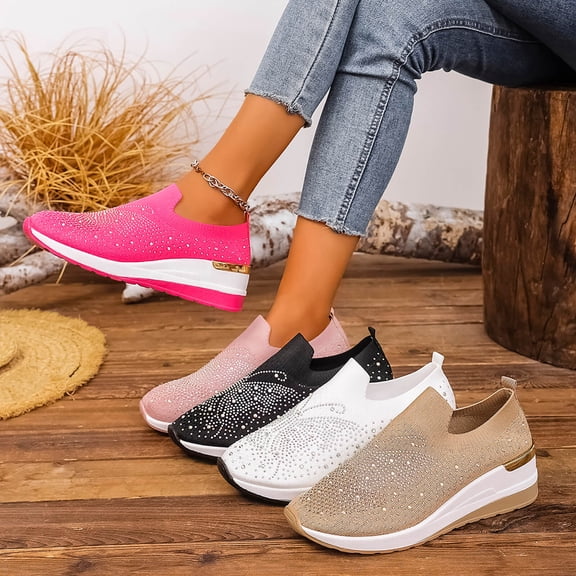Women's Wide Width Rhinestone Flyknit Wedge Sneakers, Breathable Slip-On Platform Shoes with Crystal Embellishments, Comfortable Casual Shoes for All Seasons, Multi-Color