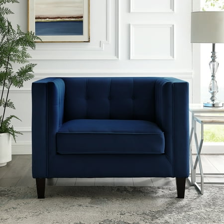 Rin Navy Blue Velvet Club Chair On Tufted Square Arms Tapered Legs Modern Contemporary Rin Navy Blue Velvet Club Chair On Tufted Square Arms Tapered Legs Modern Contemporary