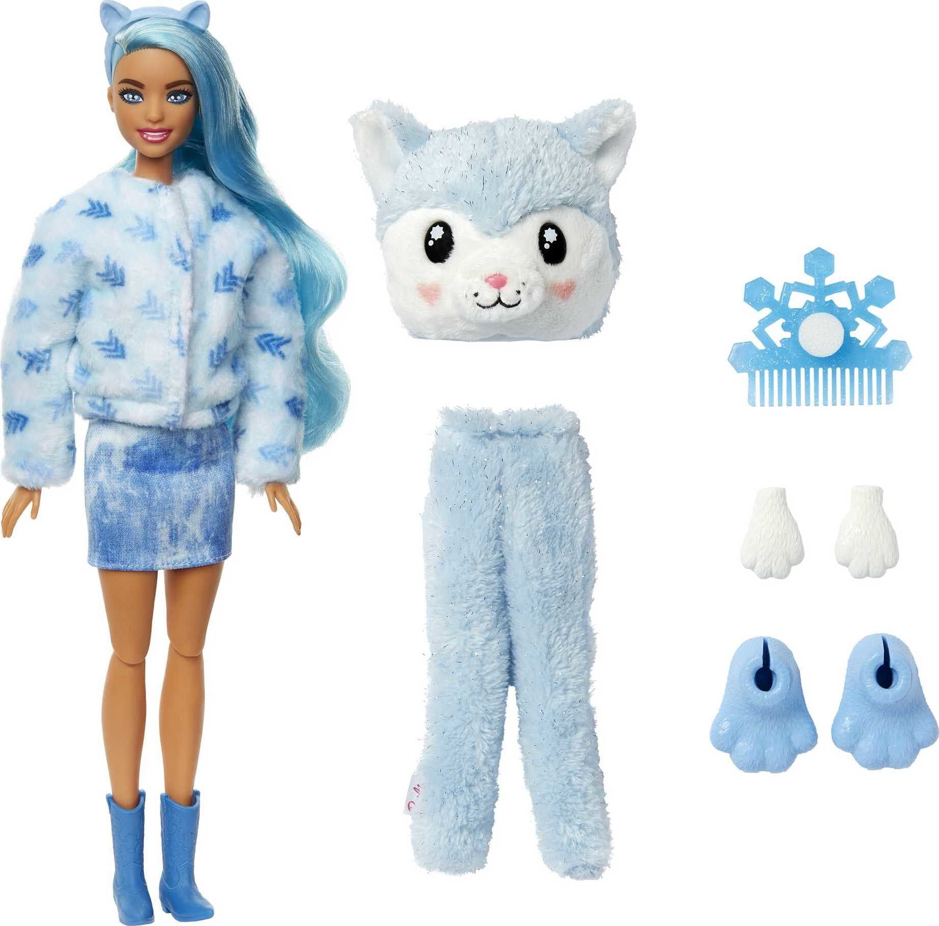 Barbie Cutie Reveal Snowflake Sparkle Fashion Doll with Husky Plush Costume, Mini Pet & Accessories