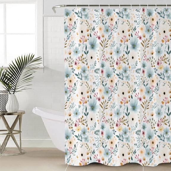 Pastoral Botanical Waterproof Fabric Shower Curtain, Watercolor Teal Yellow Spring Floral Shower Curtain for Bathroom Curtains Bathtubs Hotel Washable Shower Curtains with 12 Hooks Stall 54x78in