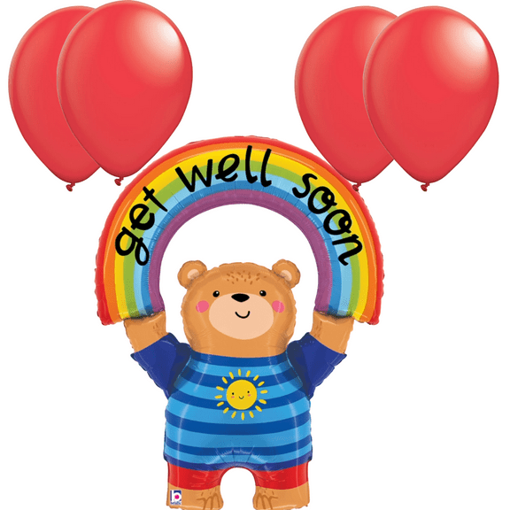 LoonBalloon 39 Inch Get Well Rainbow Bear Balloon with 4 Latex Balloons – Cheerful Get Well Soon Decoration