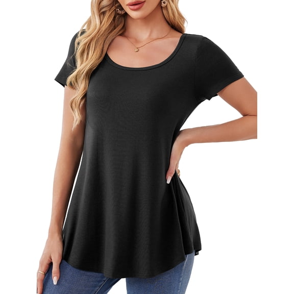 JYLFC Womens Shirts Round Neck Long Tops Short Sleeve Tunic T-shirts, Black M