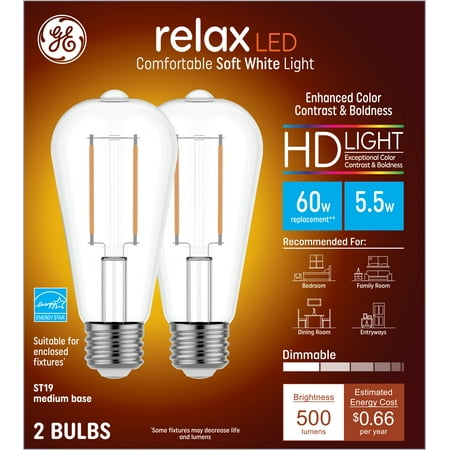 GE Relax LED Light Bulbs, Soft White, 60 Watt Eqv, ST19 Edison Style Bulb, 2pk