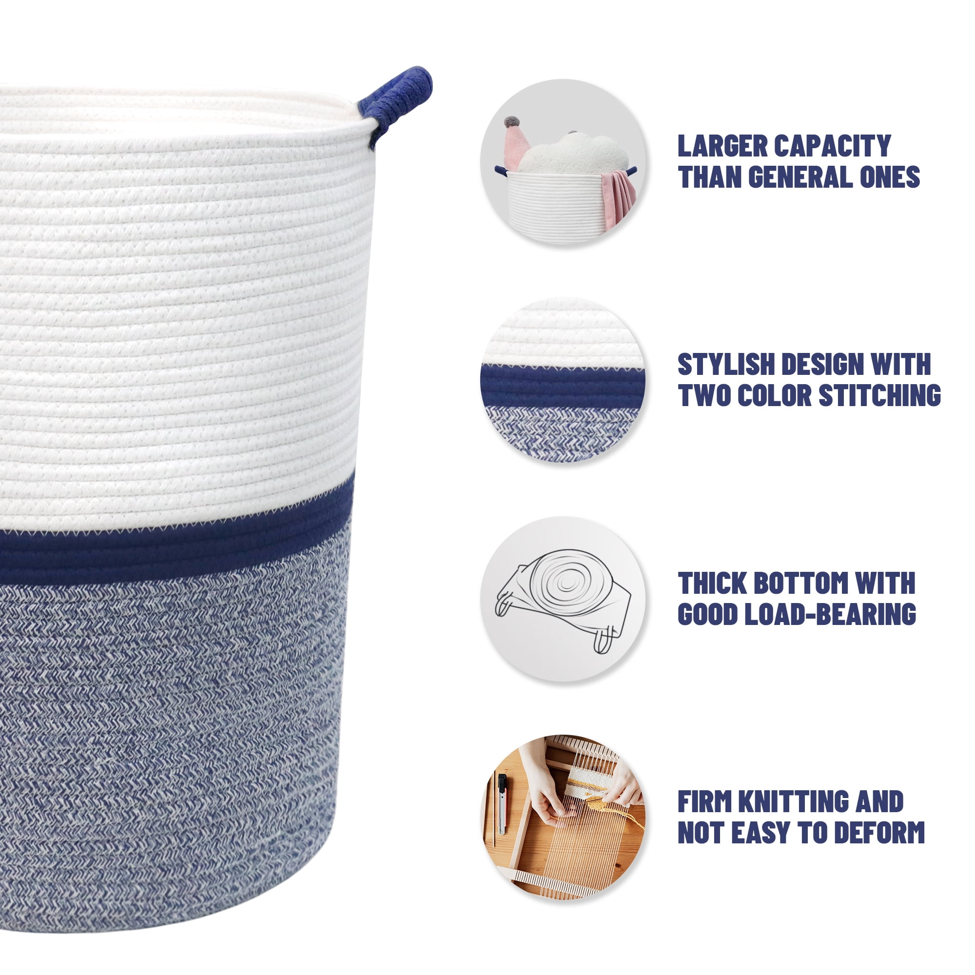 Caroeas XXXL Extra Large Rope Basket, 16''x20'' Woven Storage Basket, Blanket Basket for Living Room, Tall Nursery Basket, Storage Organizer, White and Blue