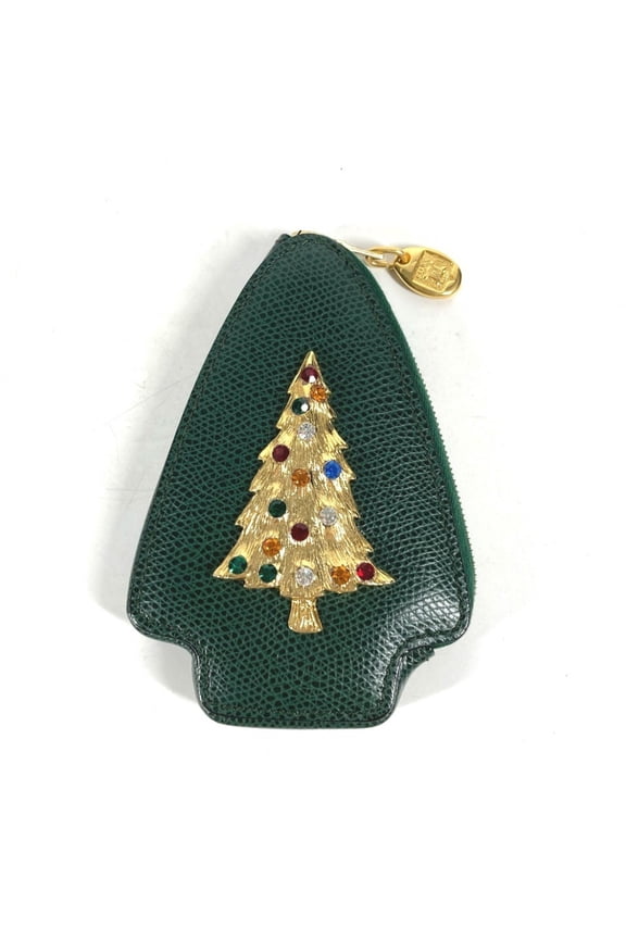 Pre-Owned CELINE Rhinestone Tree Coin Purse Wallet Pouch Leather Women's Green (Good)