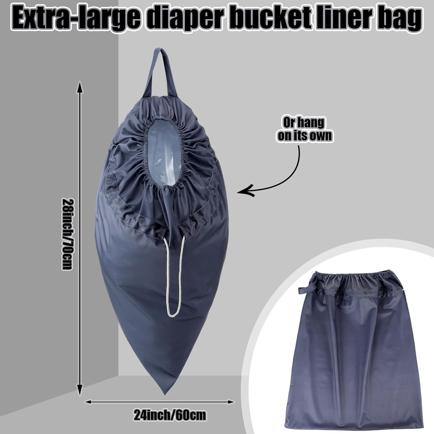 2 Pack Reusable Cloth Diaper Pail Liner Bags, Hangable Pail Liner with Strap, Reusable Laundry Bag Waterproof Pouch for Cloth Diaper, Laundry and Garbage, Grey & White