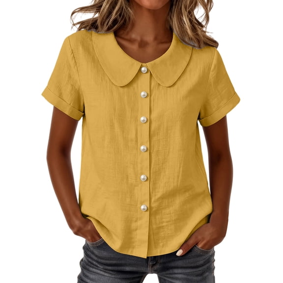 FAHUOMU Women's Blouse Tops Short Sleeve Crew Neck Cotton Linen Spring Summer Shirts Solid Color Casual Lightweight Breathable Fashion Tunics