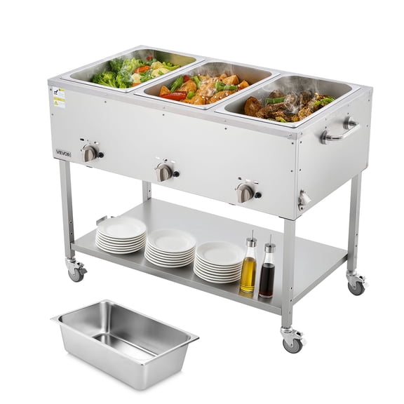 VEVOR 3-Pan Commercial Propane Steam Table,LP Gas Outdoor Soup Warmer with Drain Valve and 3" Wheels,Stainless Steel Propane Food Warmer with Independent Temp Control,for Restaurant Outdoor Camping