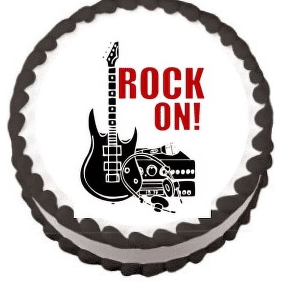 Rock on Black Guitar Birthday Edible Icing Image Cake topper, by Tnct.