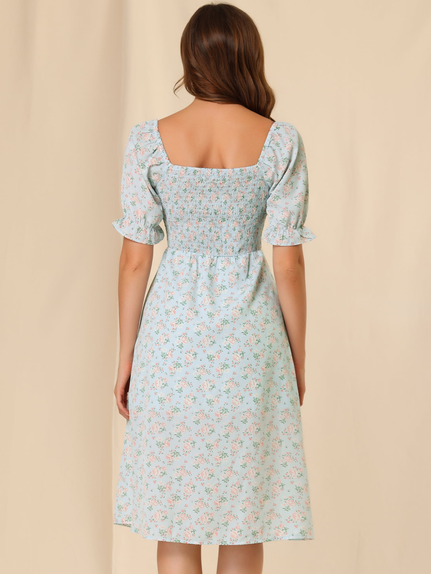 DARING DIVA Square Neck Puff Sleeves Smocked Waist Midi Floral Dres 2XL Blue