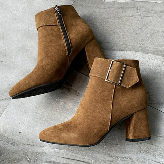 Vibrex High Heels Shoes for Women Outdoor Pointed Thick Heeled Short Boots Leather Boots Zippers Casual High Heels Women's Ankle Boots Comfortable Solid Color Dress Short Boots with Side Zipper