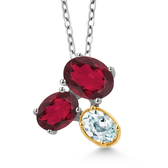 Gem Stone King 925 Silver and 10K Yellow Gold Ruby Red Mystic Topaz and Sky Blue Aquamarine Pendant Necklace for Women (2.60 Cttw, Oval 8X6MM, 7X5MM and 6X4MM, Gemstone, with 18 inch Chain)