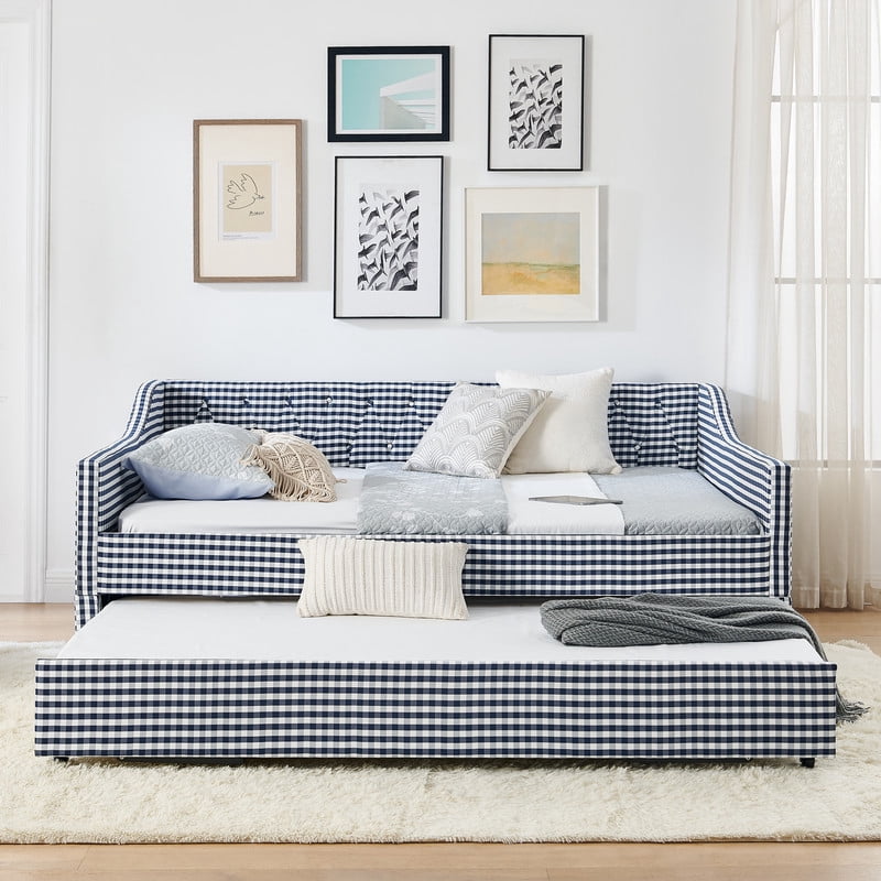 Full Size Daybed with Pop Up Trundle, Gingham Upholstered Daybed Frame with Tufted Button Backrest and Side Storage Pocket, Modern Sofa Bed for Living Room Bedroom