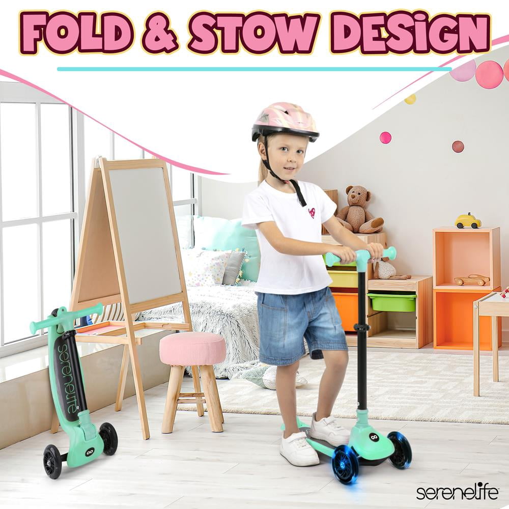 3-Wheel Foldable Kids Scooter - Child Toy Scooter with Built-in LED Wheel Lights, and Easy Maneuvering Lean-to-Steer Technology (Mint Green)