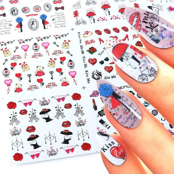 Valentines Nail Art Stickers 12 Sheets Water Transfer Valentines