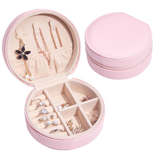 Vanity Box Faux Leather - Portable Zipper Round Necklace Organizer Jewelry Case