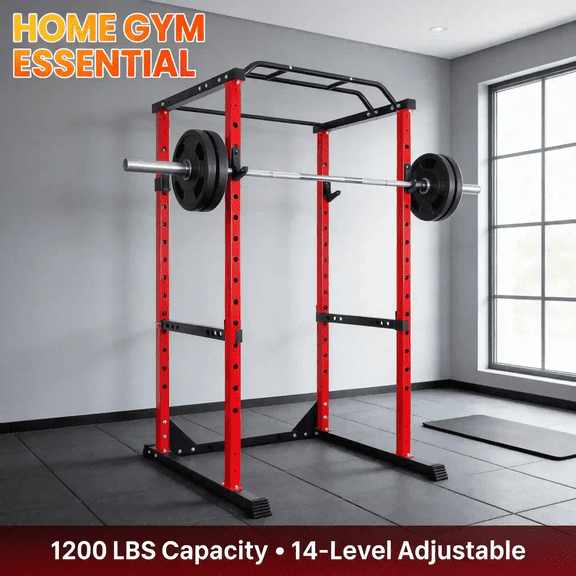 Muweixin Power Cage Squat Rack with Pull-Up Bar & J-Hooks, 1200 Lbs Capacity Adjustable Weight Lifting Rack, Multi-Use Squat Stand for Home Gym Strength Training