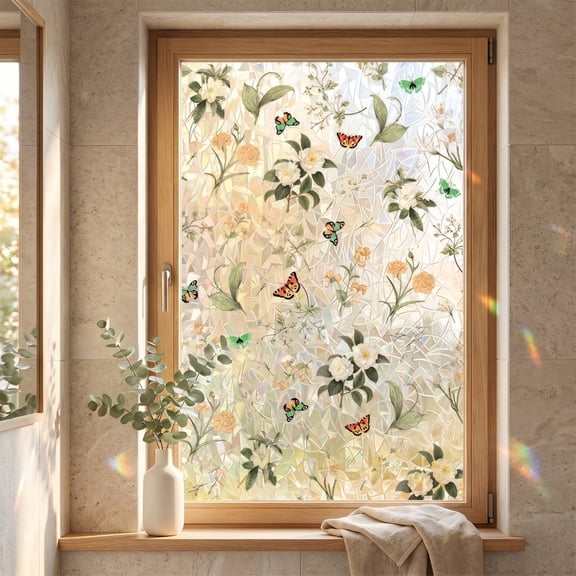 Linnome Floral Patterned Window Film Privacy Sun Shielding Electrostatic Glass Sticker for Home Bathroom 17.71x47.24in Multicolor#05