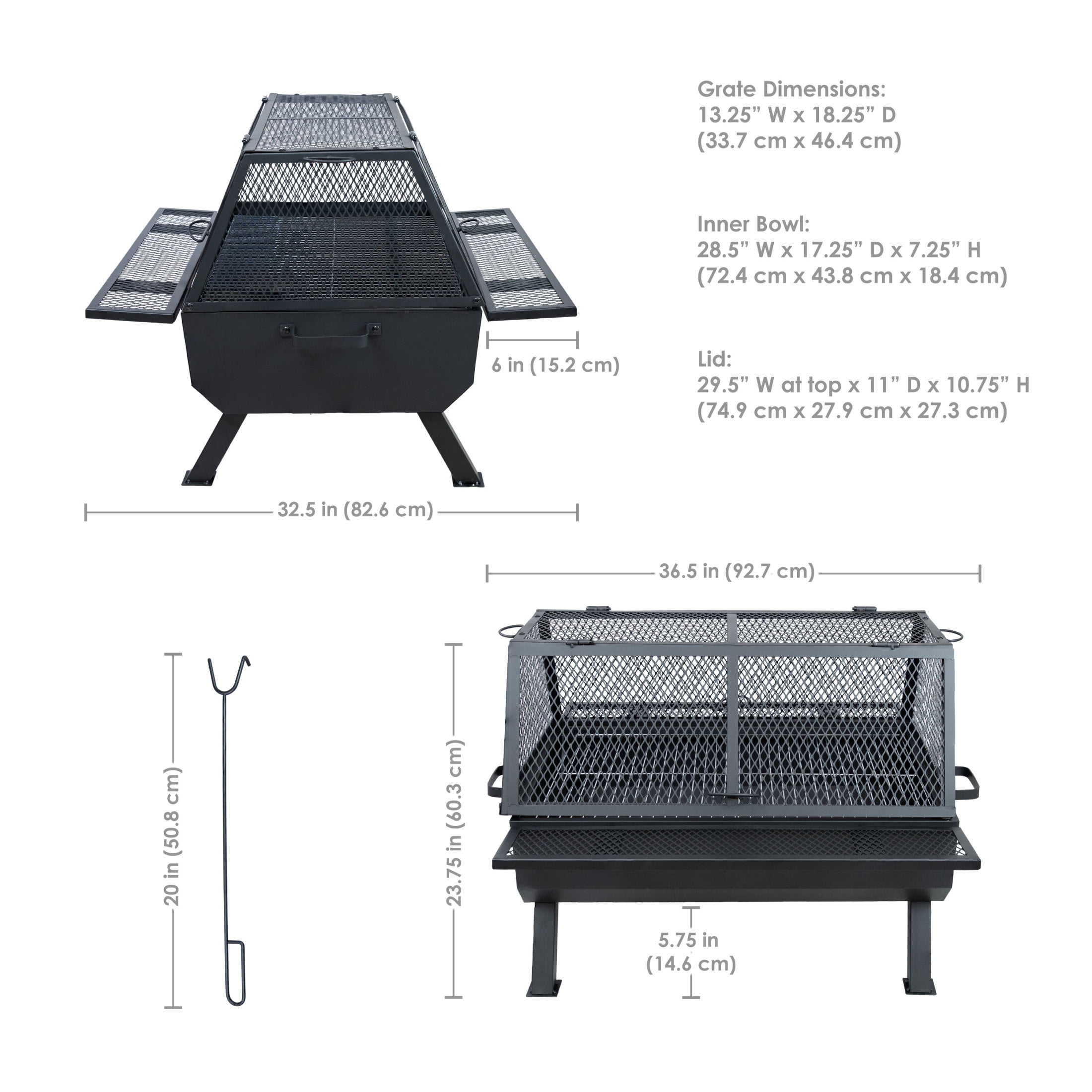 Sunnydaze 36.5" x 32.5" Rectangle Wood-Burning Steel Outdoor Fire Pit with Grill and Spark Screen