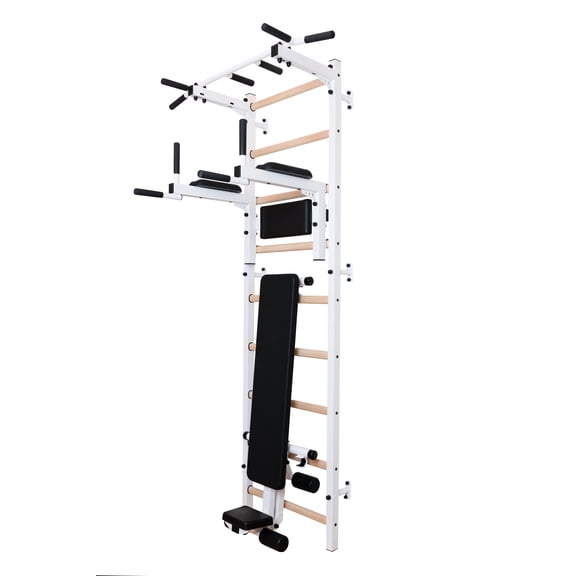 Benchk 723 White Stall Bar for Physical Therapy and Rehabilitation with fixed steel 6-grip pull up bar, dip bar with back support and advanced workout bench