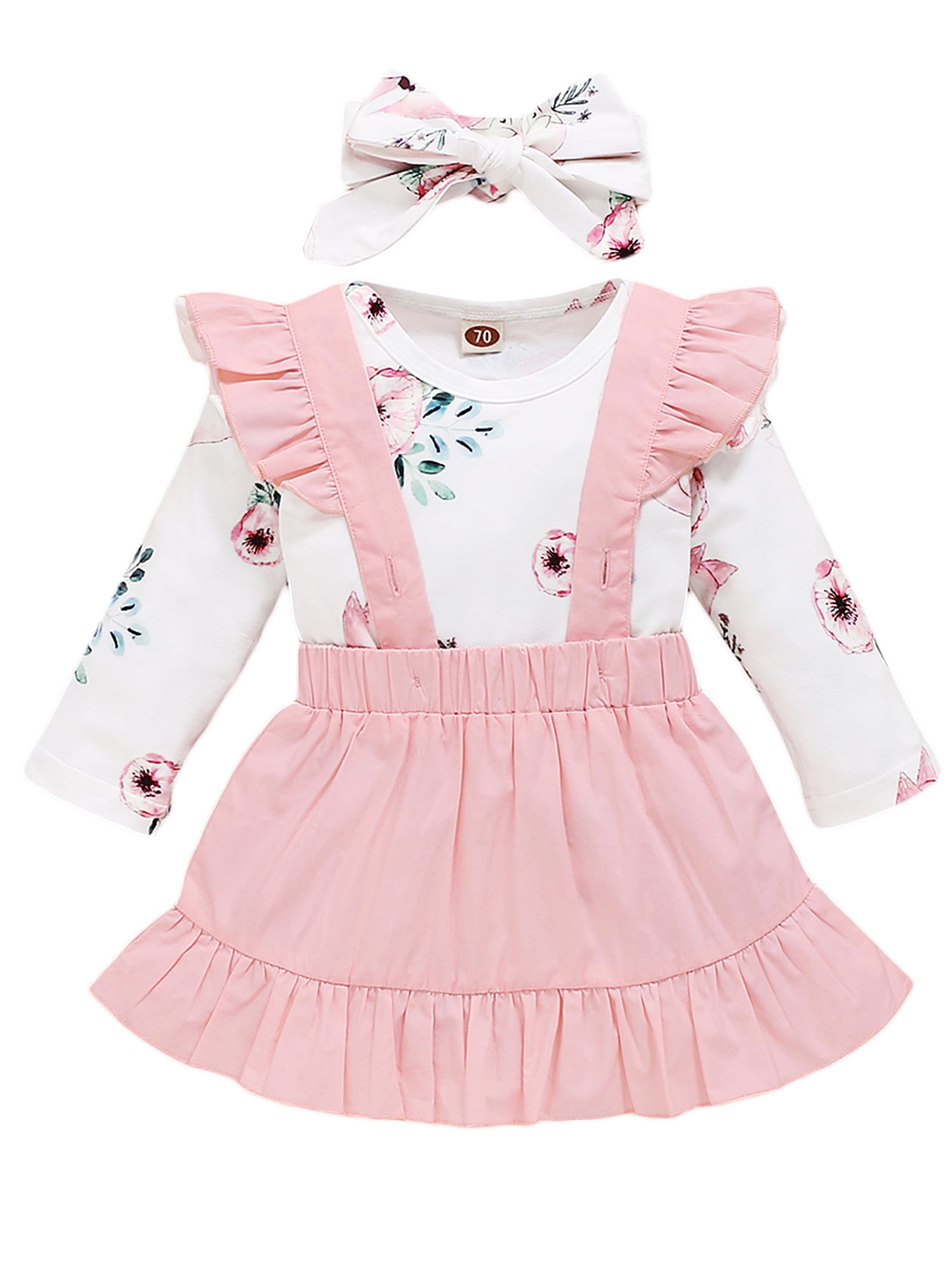2Pcs Set Newborn Baby Girl Outift Ruffle Sleeve White T-Shirt Tops+Suspender Pleated Skirt Overalls Clothes 