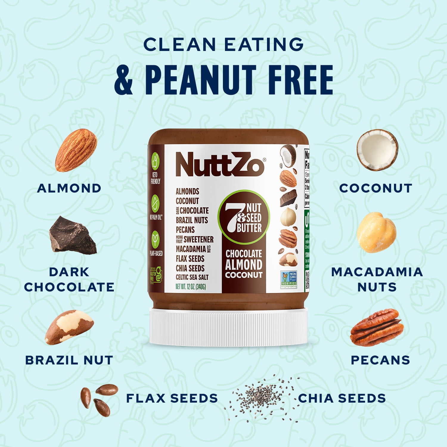 (2 pack) NuttZo, Dark Chocolate Almond Coconut 7 Nut & Seed Butter, Plant-Based, No Palm Oil,12 oz Jar