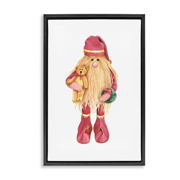 Stupell Industries Santa's Elf with Teddy Bear Black Framed Floater Canvas Wall Art, design by Nancy Overton, 25 x 17