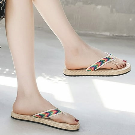 

uikmnh Slippers for Women Spring And Summer Women Slippers Straw Espadrille Colorful Sandals Flip Flops Beach Flat Bottomed Feet Beige 6.5