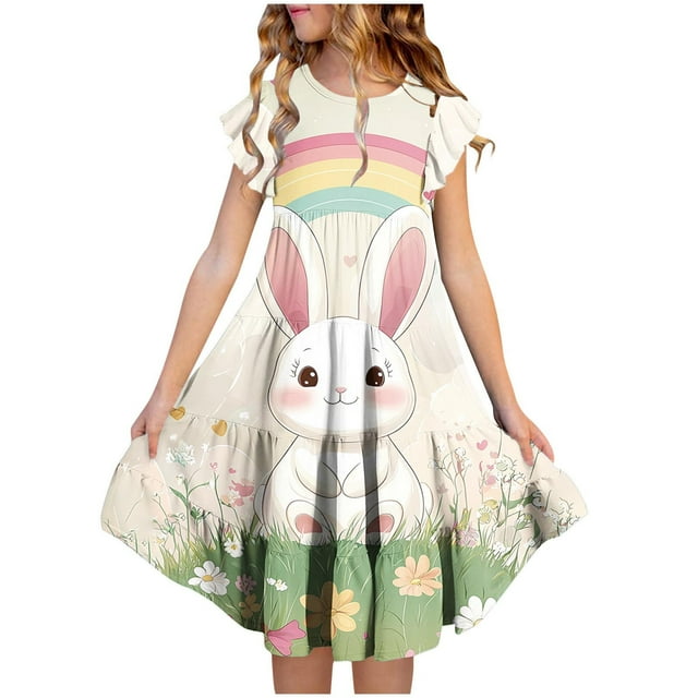 Vestido de verano para niña, de poliéster, con estampado de flores de Pascua, manga corta, cuello redondo, bolsillos con volantes, estampado de cuello redondo