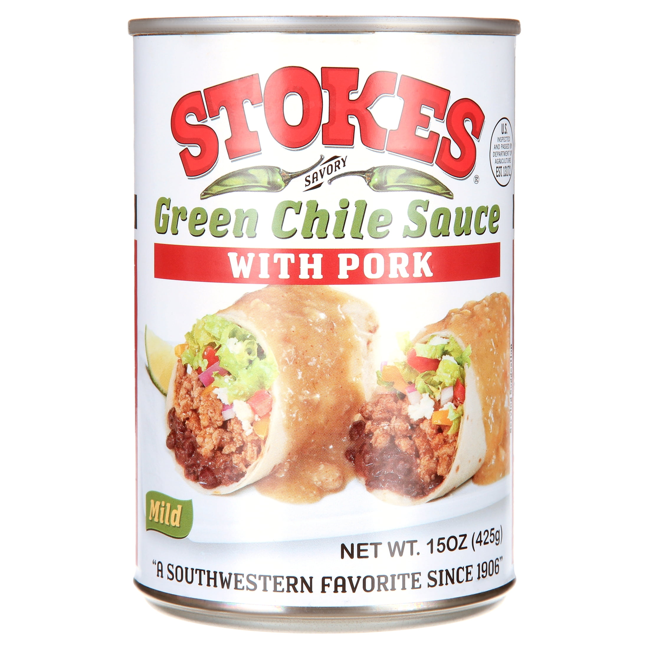 (6 pack) Stokes Green Chile Sauce with Pork, Mild, 15 oz Can