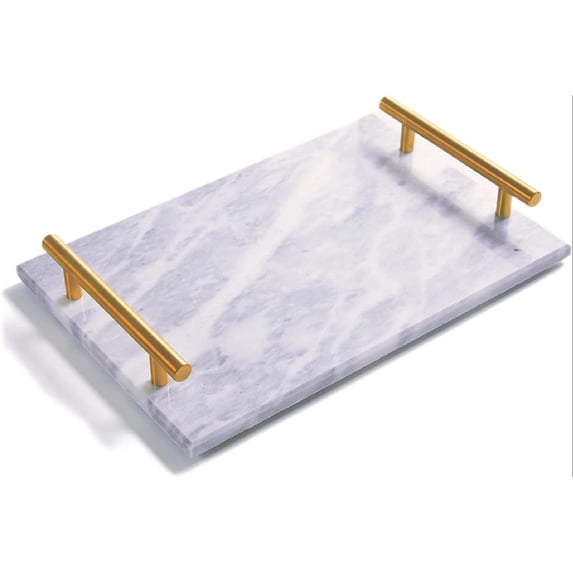 Real Marble Tray with Golden Handle, Natural Stone Decorative Tray with Metal Handle for Bathroom Kitchen Vanity Dresser Nightstand Desk, 11.8" x 7.9" (Grey)