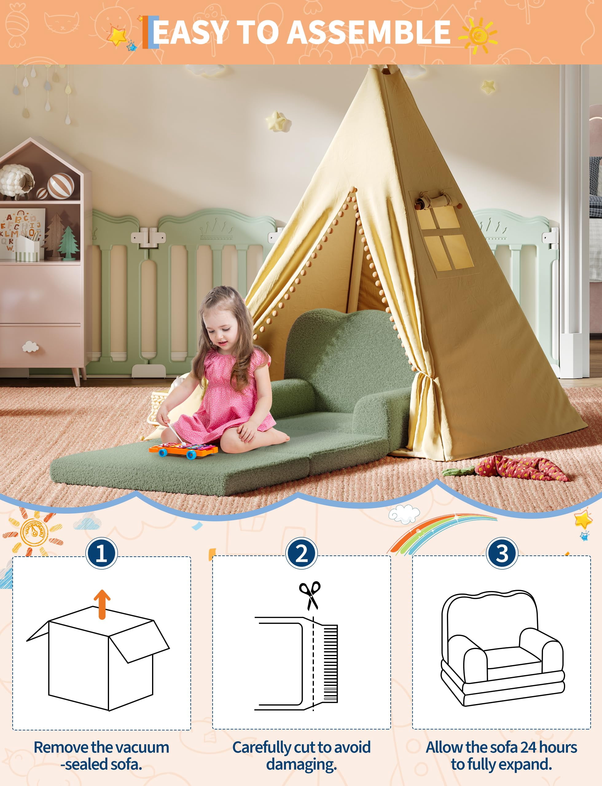 Kojooin Kids Couch, 2-in-1 Convertible Teddy Fleece Fabric Toddler Sofa Chair, Soft Fold Out Couch Lounger for Kids, Comfy Children's Sofa Bed for Playroom, Nursery, Birthday Gift