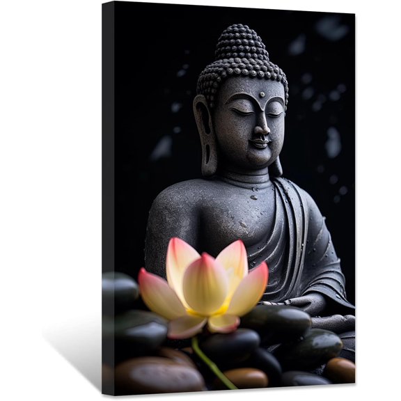 ZHONGYUTONG Buddha Canvas Wall Art Lotus Flowers Zen Stone Pictures Spa Painting Prints Office Decor for Spiritual Meditation Yoga Room Framed (28.00" x 42.00")