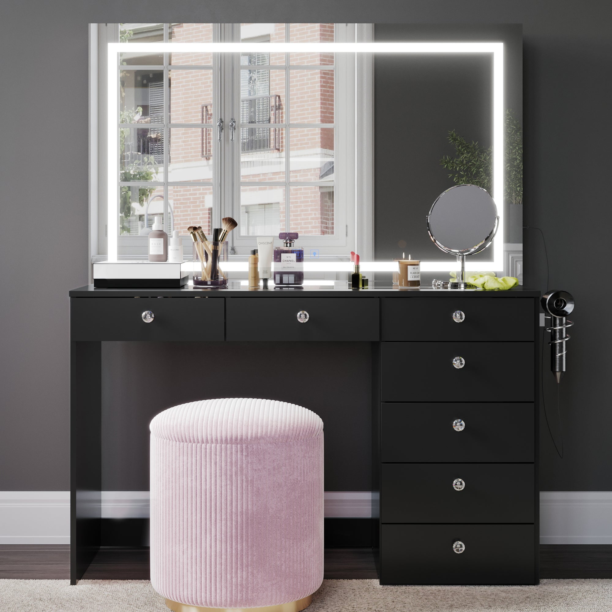 Boahaus Zoe Vanity Set with LED Mirror, Bluetooth Speakers & Large Storage, Black