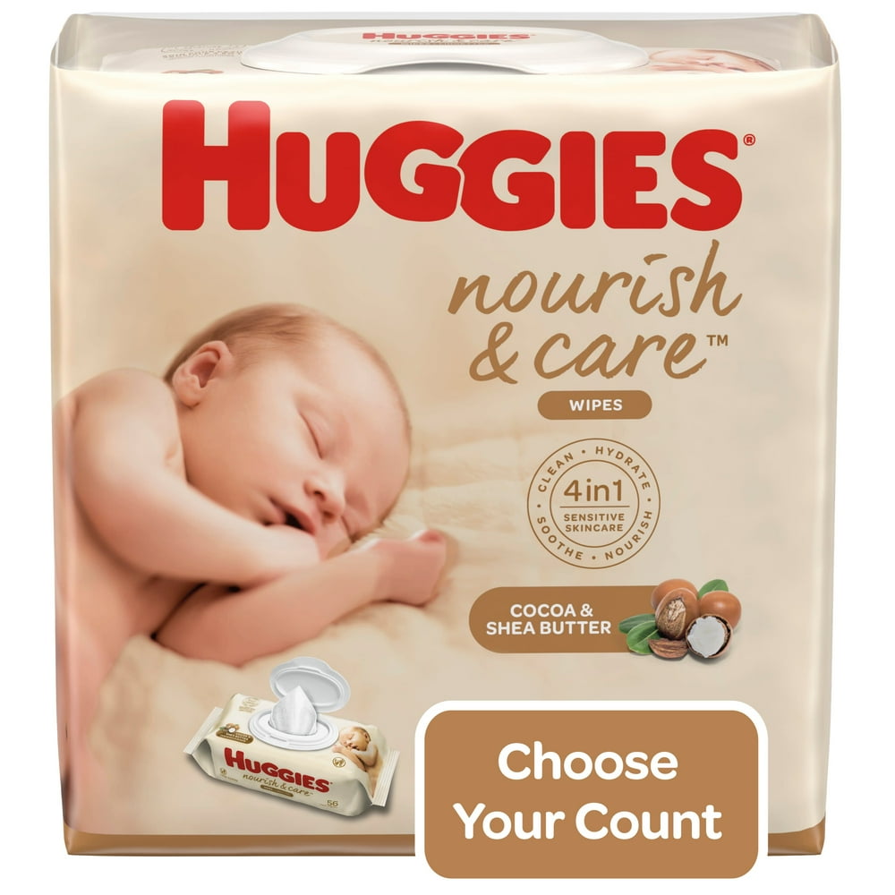 Huggies Nourish & Care Scented Baby Wipes, 3 Push Button Packs (168 Wipes Total)