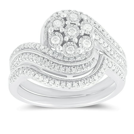 Forever Bride 1/3 Cttw Diamond Miracle Platting Flower Bridal Set in Sterling Silver