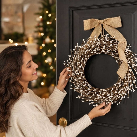 LIORAGLJ Farmhouse Twig Wreath 15.75in White Berries Sackcloth Bow Door Wall Holiday Decor