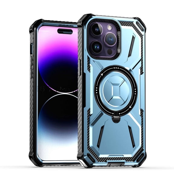 Bemz Rugged Protector Case for iPhone 15 Pro - Max - Heavy Duty Reinforced Durable Corners Magnetic Ring Charger Kickstand Back Cover (Light Blue)