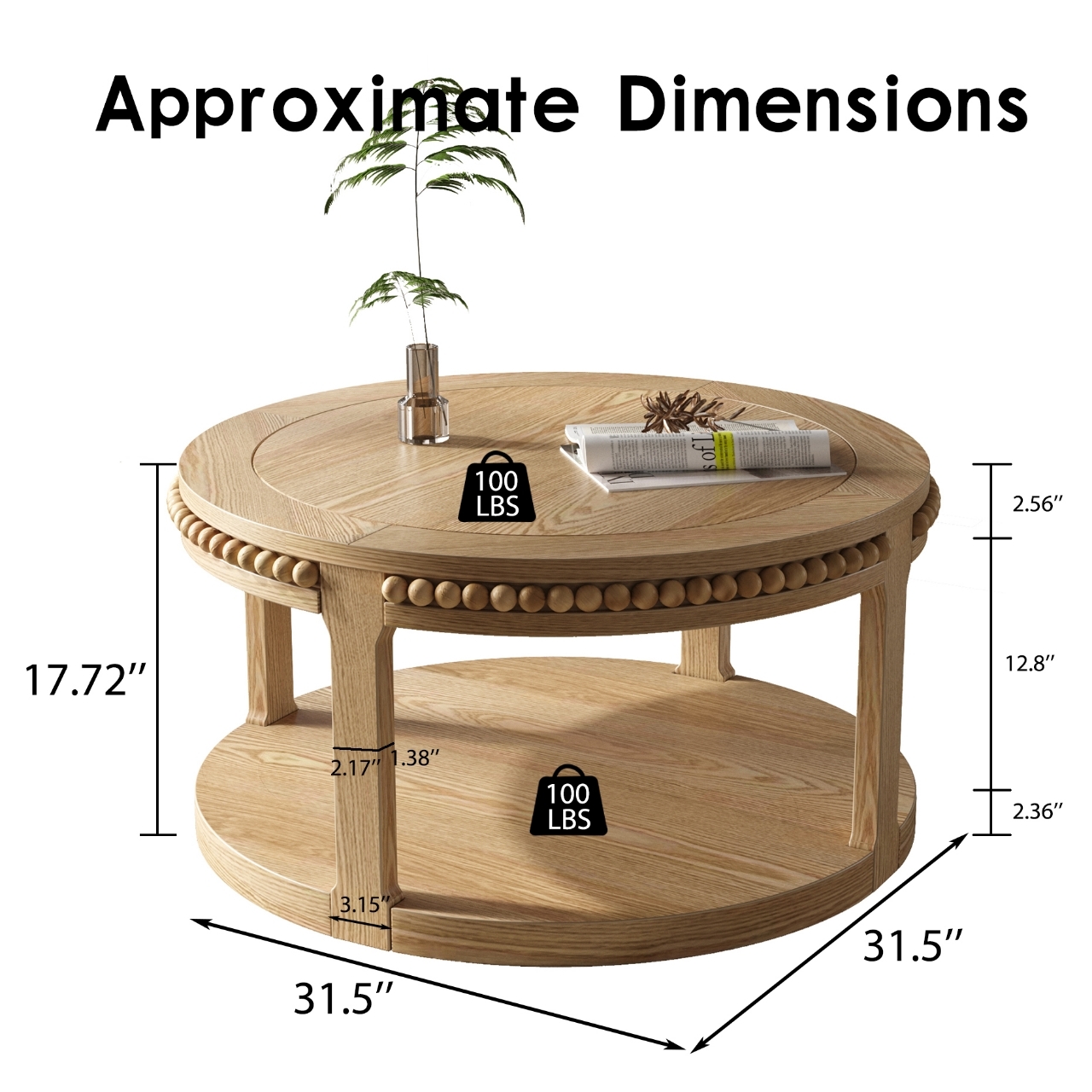 31.5" Round Solid Wood Coffee Table with 2-Tier Storage Shelf, Modern Circle Center Table with Thickened Top & Sturdy Wood Legs for Living Room, Natural Wood